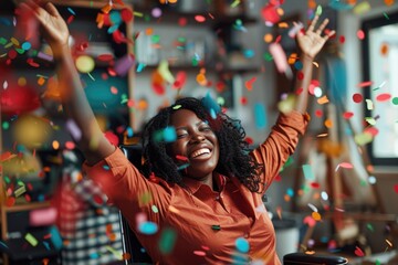 Obraz premium Confetti fills the air as a woman sits at a table, surrounded by joyful atmosphere
