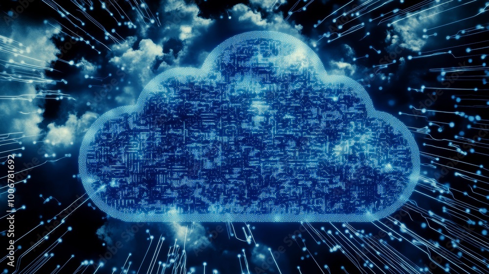 Poster a glowing digital cloud symbolizes cloud computing, surrounded by intricate network lines, highlight