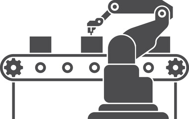 Robotic arm on production line belt black icon