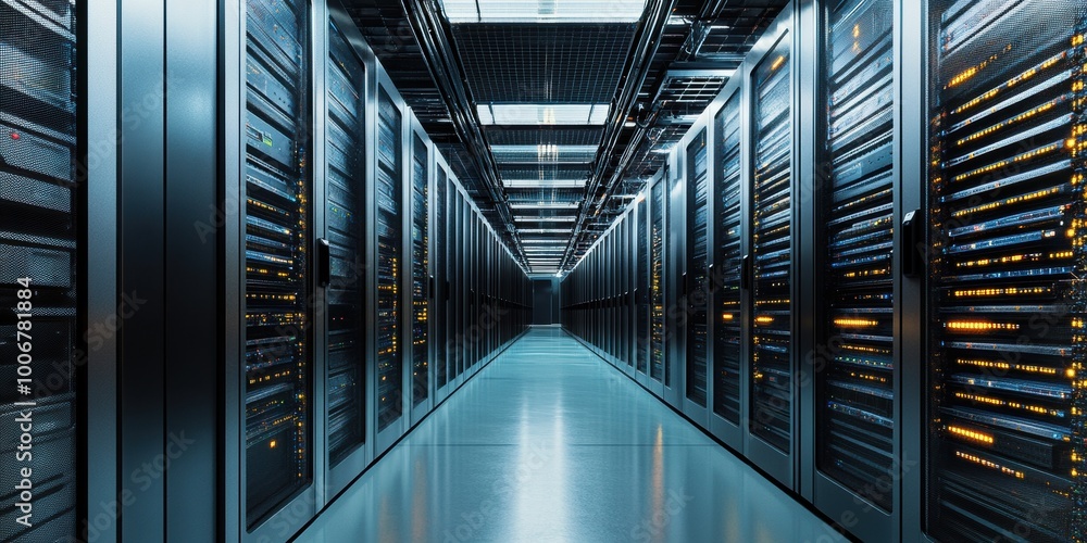 Aufkleber a modern data center corridor with rows of servers glowing in blue and yellow lights, showcasing adv