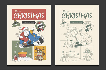 Fototapeta premium Christmas greeting card, poster or graphic t-shirt design with retro mascot cartoon characters, vector illustration