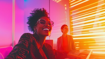 African American woman smiling confidently in a vibrant futuristic office setting with neon lighting and colorful reflections, accompanied by a colleague, showcasing innovative workspace design