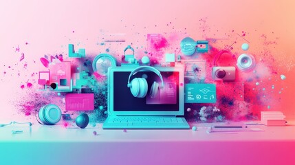 Dynamic Helpdesk Support Concept with Vibrant Icons and Communication Symbols on Soft Pastel Background