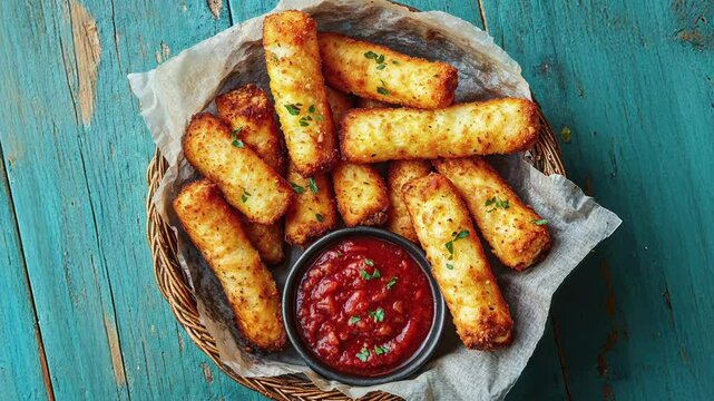 Crispy Cheese Sticks with Marinara Sauce on Wooden Table