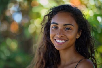 Fototapeta premium A portrait of a happy young adult female with long hair and a bright smile