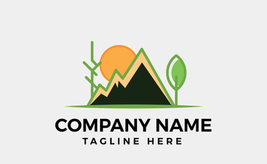 Minimalist Landscape Mountain with sun logo branding design, Editable vector art and illustration.