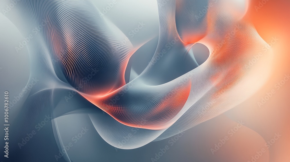 Poster abstract gradient art with flowing wave-like lines, blending soft red and blue hues to create a calm