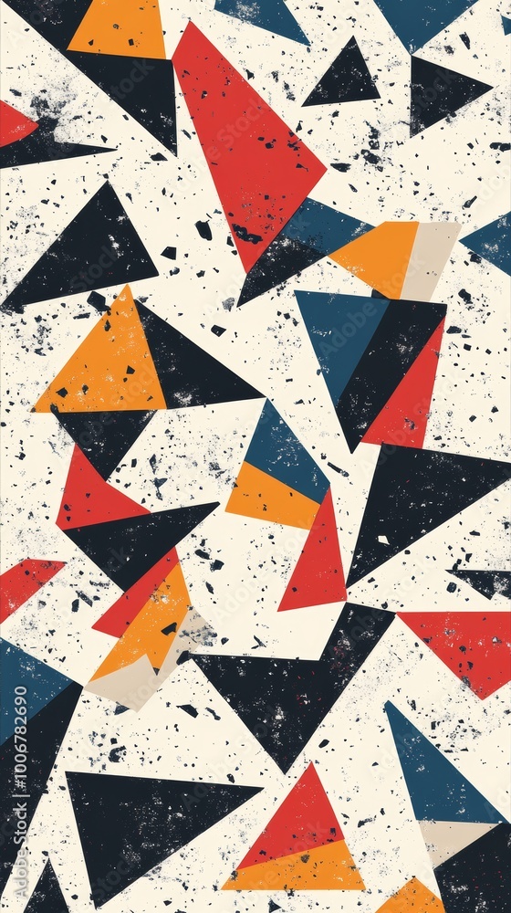 Poster a vibrant abstract pattern made of colorful triangles in red, blue, and orange, showcasing modern ar