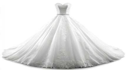 Obraz premium A close-up of a formal wedding gown with intricate lace details, beautifully arranged on a white background to highlight its craftsmanship and elegance.