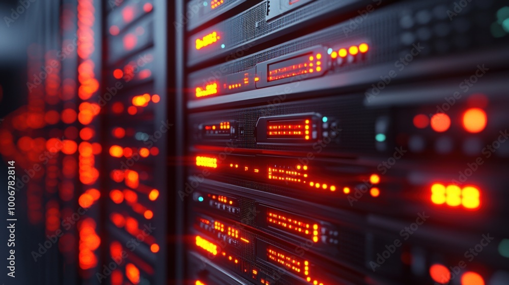 Poster camera slowly moving in data center showing server equipment with flickering light indicators, close