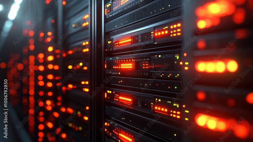 Aufkleber close-up view of data center racks with illuminated network servers during nighttime, showcasing vib