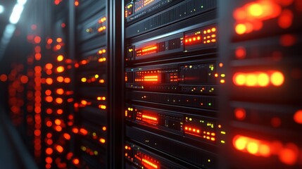 Close-up view of data center racks with illuminated network servers during nighttime, showcasing vibrant LED indicators and backend technology