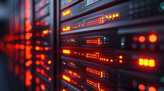  Camera slowly moving in data center showing server equipment with flickering light indicators, close up view.