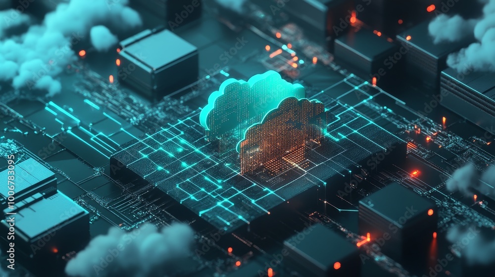 Poster a glowing cyan cloud icons hover above a digital circuit board in a futuristic scene, symbolizing mo
