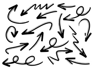 Hand drawn arrows collection Set simple flat arrows isolated on white background. Arrow mark icons and arrow paint. Stock vector. EPS10.