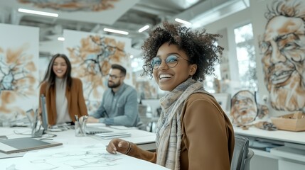 Smiling African American woman working with diverse colleagues in a creative design studio, surrounded by artistic sketches and modern artwork, promoting innovation and teamwork
