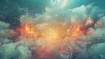 Obraz premium Explosive bursts of color transform a cloudy sky into a surreal dreamscape, merging elements of fantasy and nature.