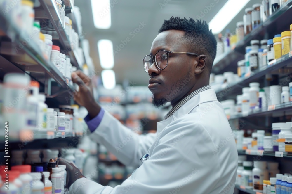Poster a scientist in a lab coat looks at a shelf filled with various equipment and supplies