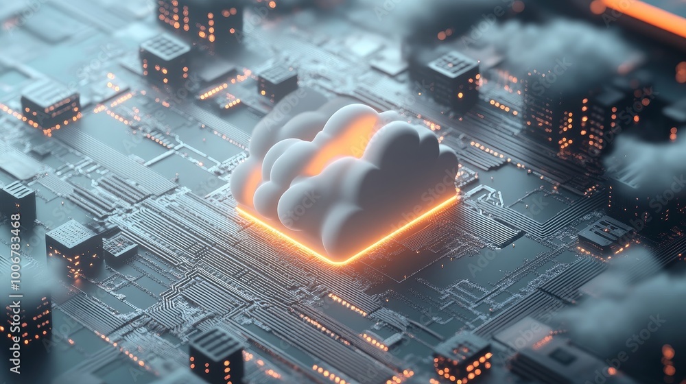 Poster intricate circuits surrounding a central cloud icon symbolize advanced digital connectivity and mode
