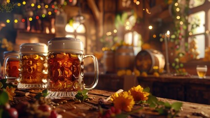 Two empty mugs of beer sitting on a wooden table, ready for a drink