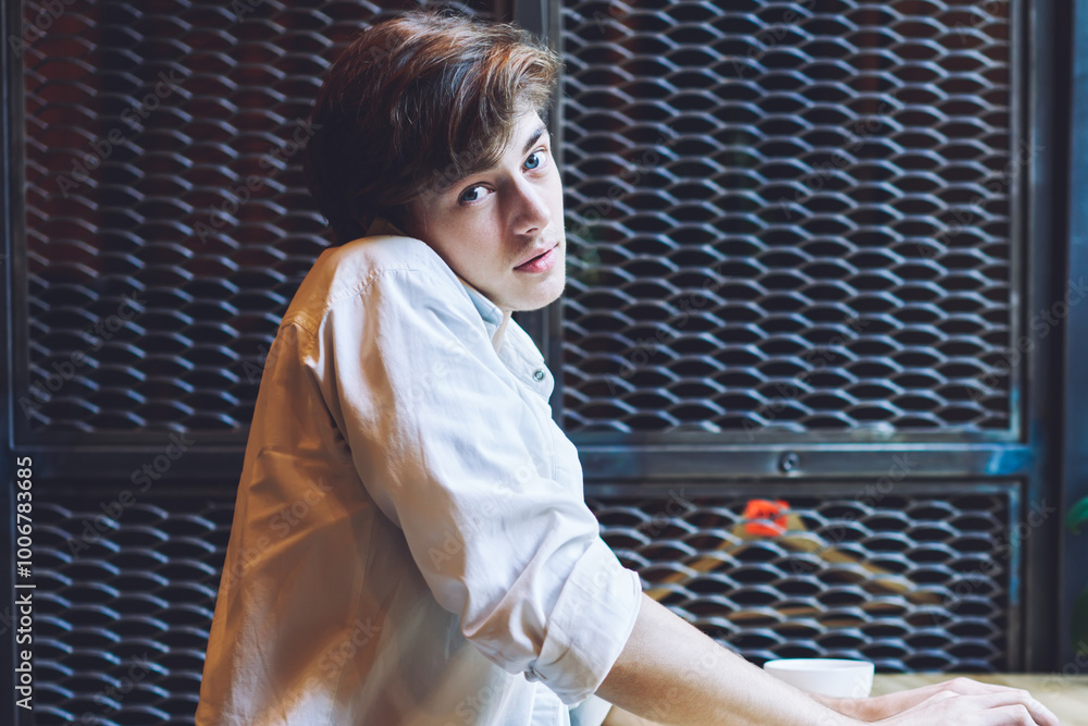 Poster portrait of caucasian male student calling to operator for consultancy about internet connection on 