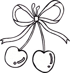 Two cherries are tied with a bow-shaped ribbon, Line art, hand-drawn line art illustration