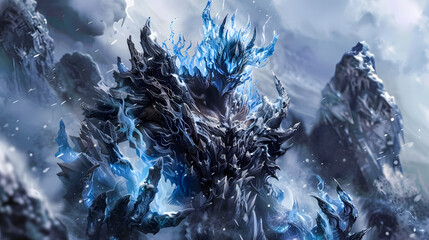 Epic 3D illustration of a frost knight with glowing blue aura, standing in a snowstorm amidst jagged mountains. Ice armor and cold energy radiate power. Wallpaper for PC Desktop