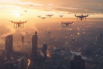 Fototapeta premium Aerial view of a city skyline at sunset, with a group of drones flying overhead