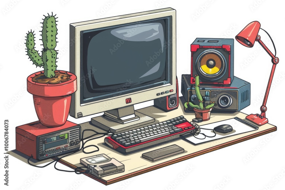 Aufkleber a desk setup with computer equipment and a cactus as decoration