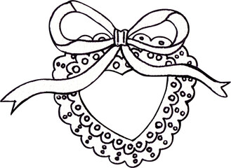 Lace fabric in the shape of a heart with a bow ribbon tied in the center, Line art, hand-drawn line art  illustration