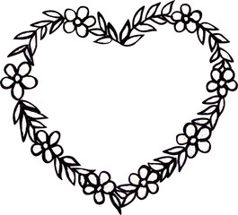 Heart-shaped wreath of flowers and leaves, Line art, hand-drawn line art  illustration