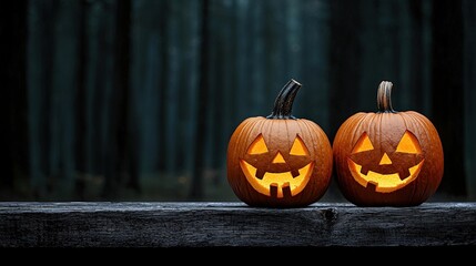 Two carved pumpkins glowing in a dark forest setting, perfect for Halloween vibes.