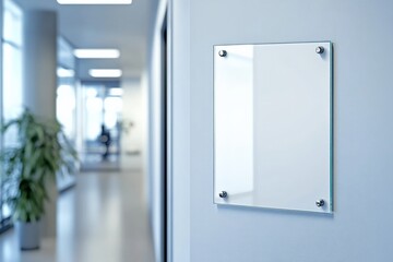 A mock up of a blank glass nameplate design, The sign plate is mounted on the wall near the interior door of the office , clinical 