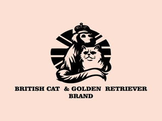 British Cat and Golden Retriever Vector Logo, Long-haired British Cat and Golden Retriever Playing Ball in the Park