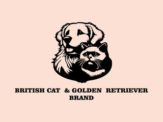 British Cat and Golden Retriever Vector Logo, Long-haired British Cat and Golden Retriever Playing Ball in the Park
