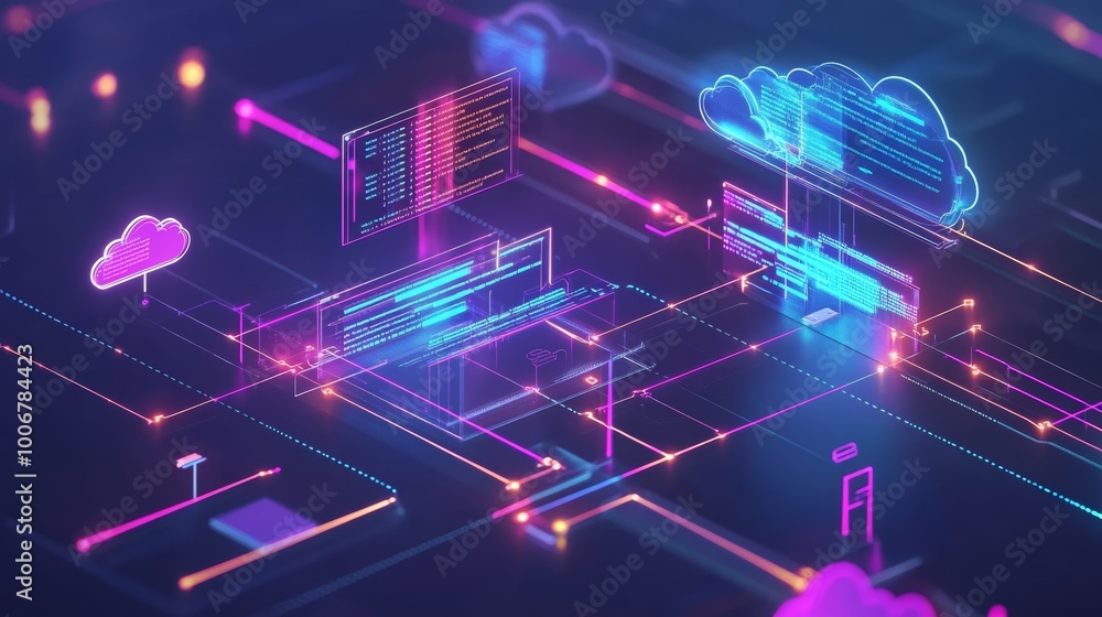 Poster a digital interface filled with neon lines and cloud icons symbolizes the interconnected virtual wor