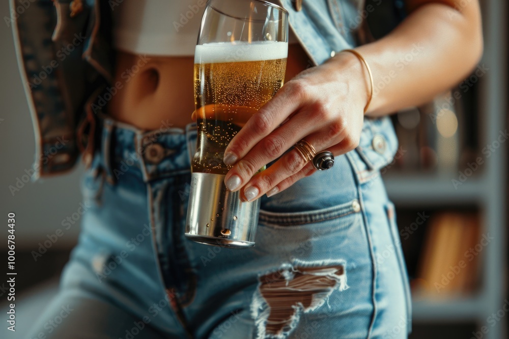 Wall mural A woman holding a glass of beer in her hand