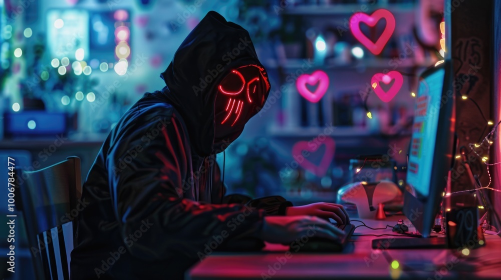 Poster a person wearing a hoodie sits in front of a computer, focused on the screen