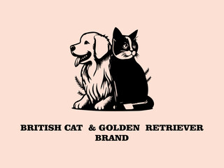 British Cat and Golden Retriever Vector Logo, Long-haired British Cat and Golden Retriever Playing Ball in the Park