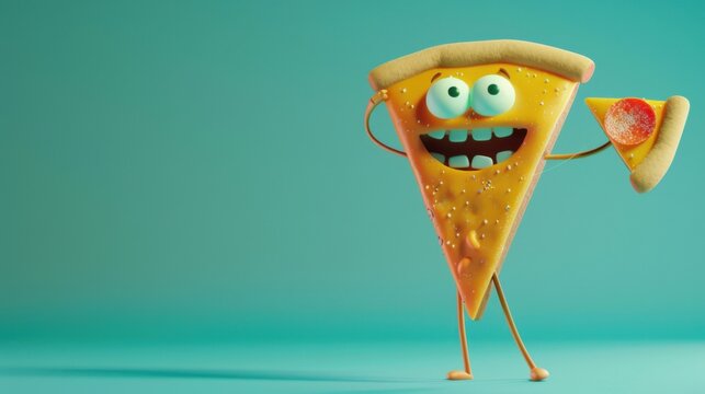 Animation style featuring a cartoon slice of pizza with playful toppings