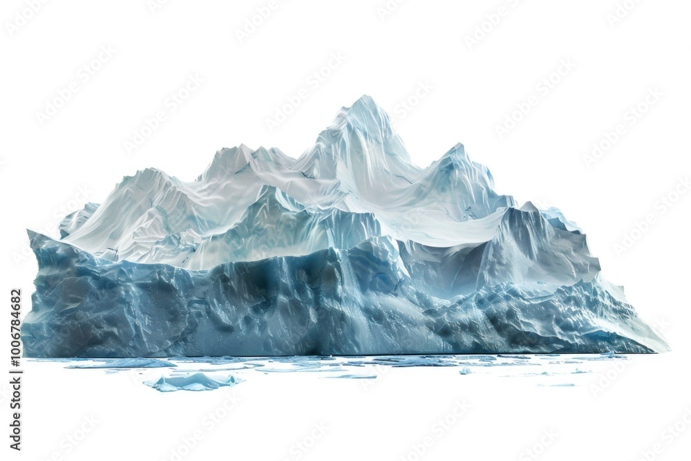 Poster A large iceberg floating in the middle of a calm ocean, perfect for use as a background or element in designs about nature, climate change, or adventure
