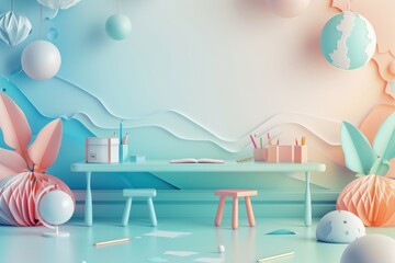 A cheerful party space filled with tables, chairs, and colorful balloons