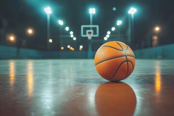 outdoors basketball court on the night with ball on it