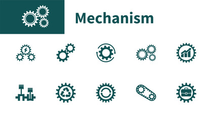 Mechanism icons. Set of solid vector symbols on mechanical engineering, gears, operations, settings.