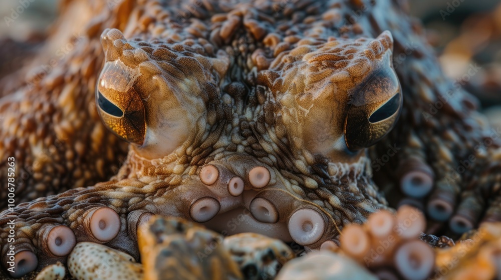 Aufkleber a close-up view of an octopus's head with its eyes open, great for underwater or marine life themed 