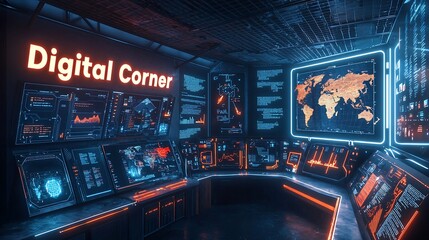 Obraz premium Futuristic control room with neon lights and digital displays.
