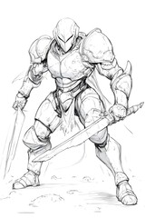 Fototapeta premium A knight in full armor stands ready for battle, his sword drawn and a second sword at his side. He is ready for action.