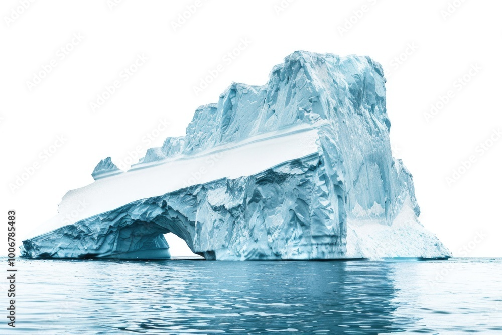 Poster a massive iceberg floating in a peaceful ocean, suitable for use in stories about climate change or 