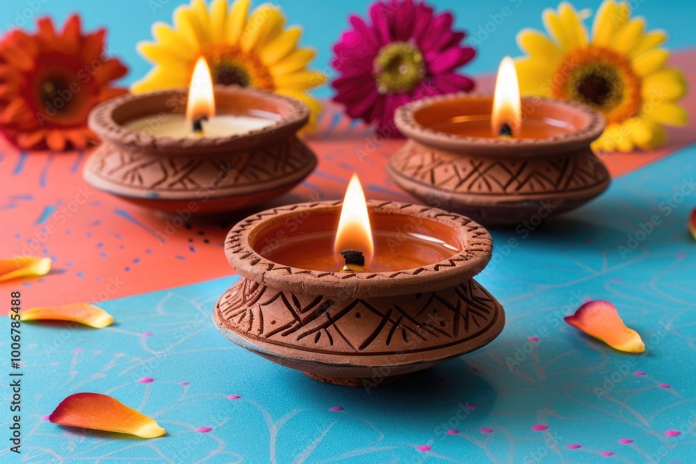 Poster three small candles lit on a wooden table, simple and elegant setting for any occasion