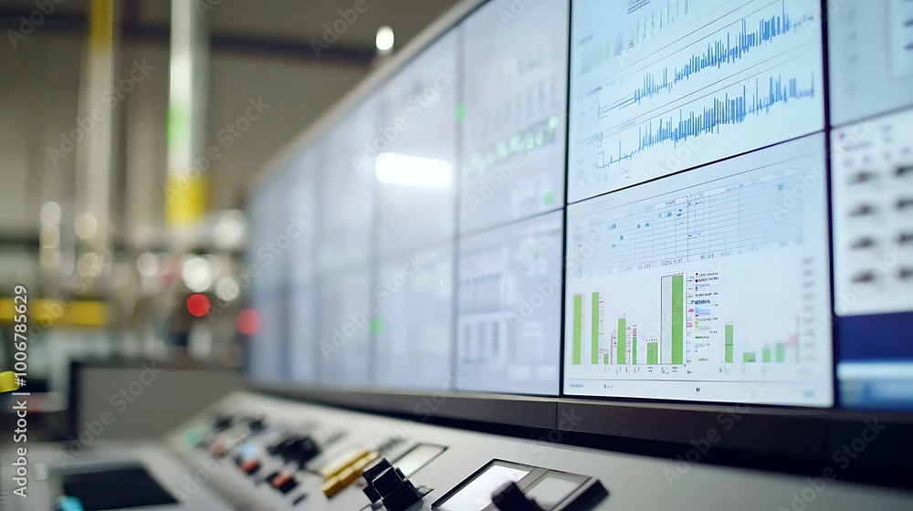 Poster Control Desk Edge with Energy Data Screen in Background